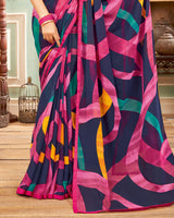 Vishal Prints Dark Navy Blue Printed Georgette Saree With Satin Piping