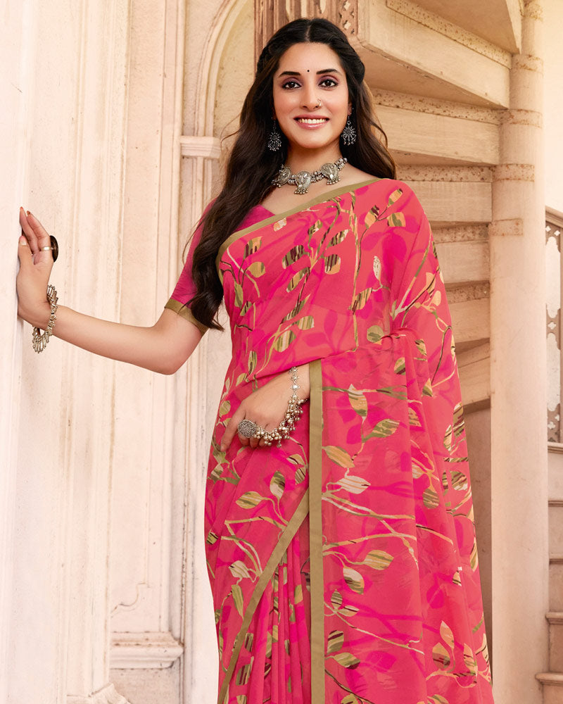 Vishal Prints Red Pink Printed Georgette Saree With Satin Piping