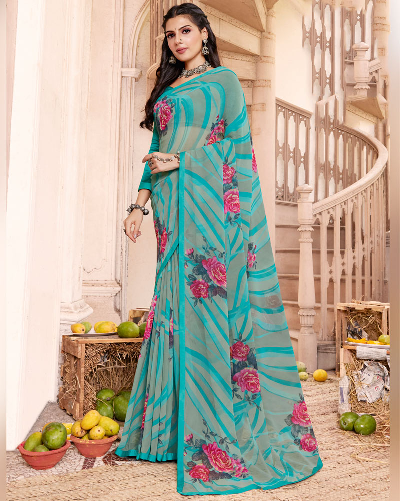 Vishal Prints Dark Turquoise Blue Printed Georgette Saree With Satin Piping