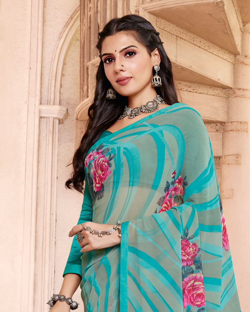 Vishal Prints Dark Turquoise Blue Printed Georgette Saree With Satin Piping