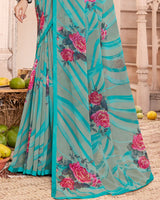 Vishal Prints Dark Turquoise Blue Printed Georgette Saree With Satin Piping