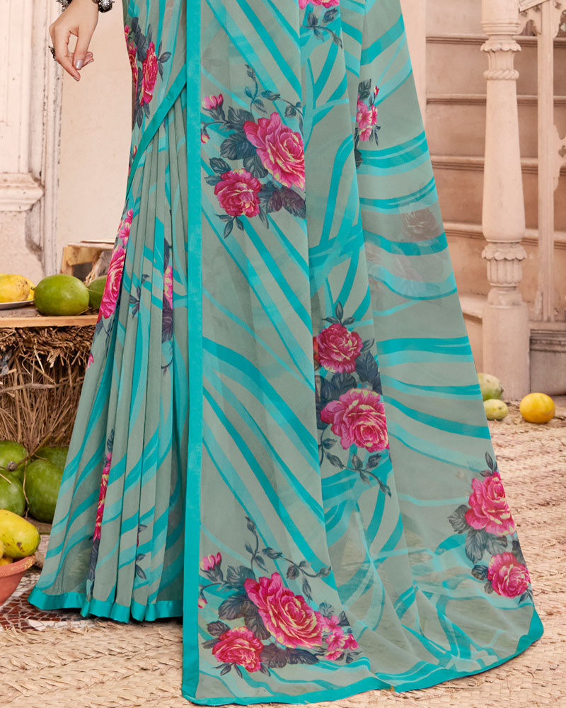 Vishal Prints Dark Turquoise Blue Printed Georgette Saree With Satin Piping