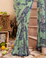 Vishal Prints Turquoise Green Printed Georgette Saree With Satin Piping