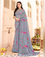 Vishal Prints Grey Printed Georgette Saree With Satin Piping