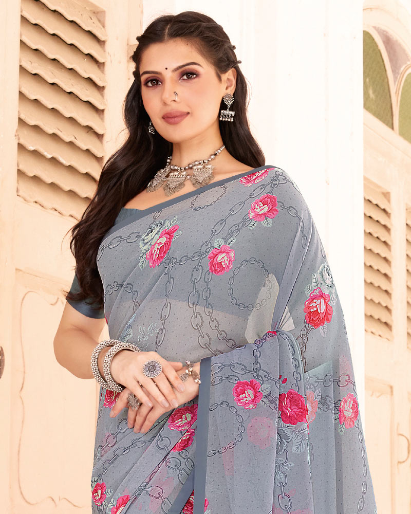 Vishal Prints Grey Printed Georgette Saree With Satin Piping