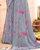 Vishal Prints Grey Printed Georgette Saree With Satin Piping