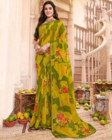 Vishal Prints Dark Olive Green Printed Georgette Saree With Satin Piping