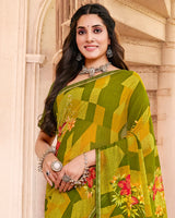 Vishal Prints Dark Olive Green Printed Georgette Saree With Satin Piping