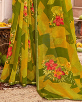 Vishal Prints Dark Olive Green Printed Georgette Saree With Satin Piping