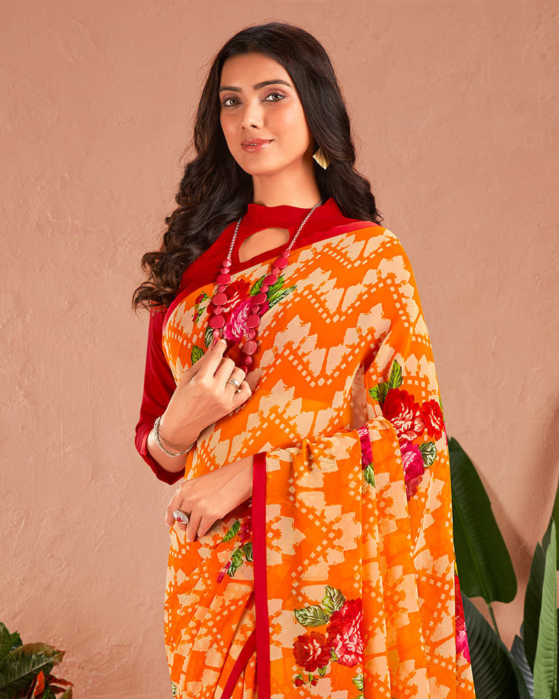 Vishal Prints Orange Printed Georgette Saree With Satin Piping