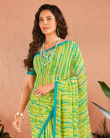 Vishal Prints Lime Green Printed Georgette Saree With Satin Piping