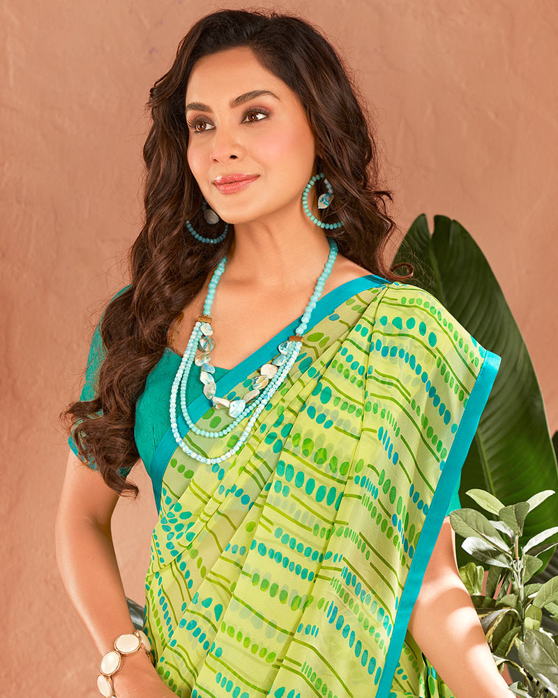 Vishal Prints Lime Green Printed Georgette Saree With Satin Piping