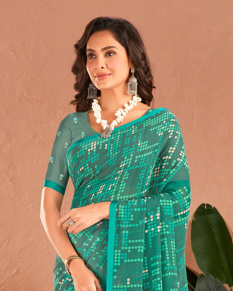 Vishal Prints Deep Sea Green Printed Georgette Saree With Satin Piping