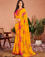 Vishal Prints Dark Yellow Printed Georgette Saree With Satin Piping