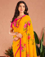 Vishal Prints Dark Yellow Printed Georgette Saree With Satin Piping