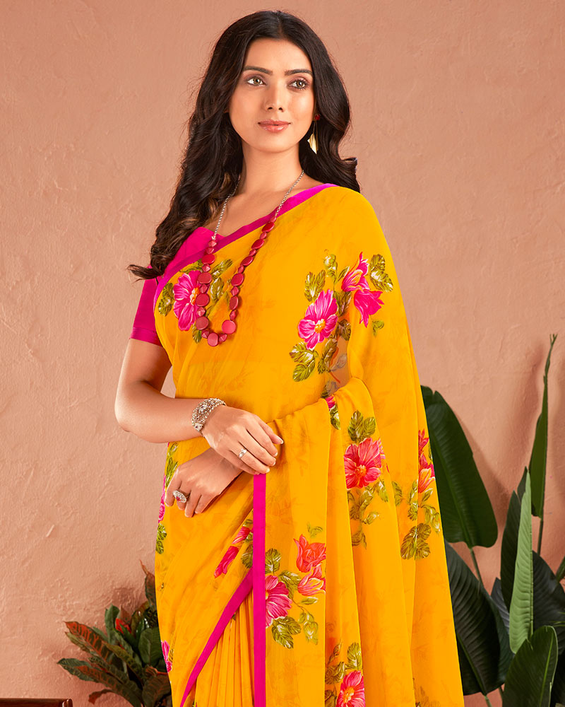 Vishal Prints Dark Yellow Printed Georgette Saree With Satin Piping