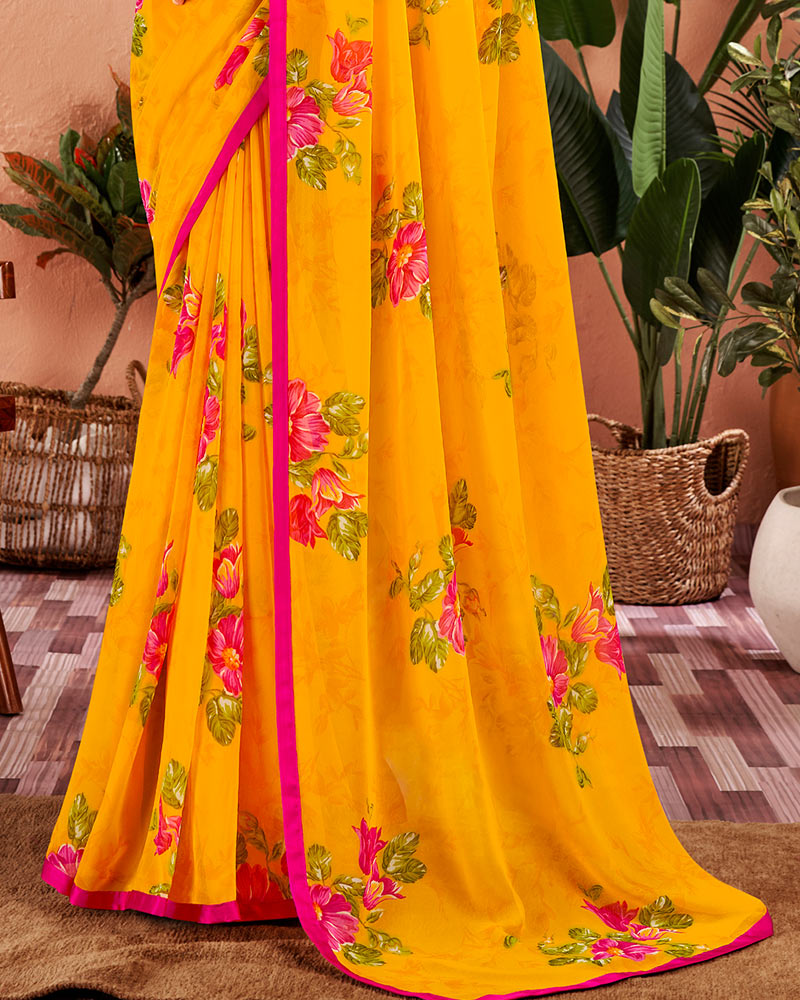 Vishal Prints Dark Yellow Printed Georgette Saree With Satin Piping