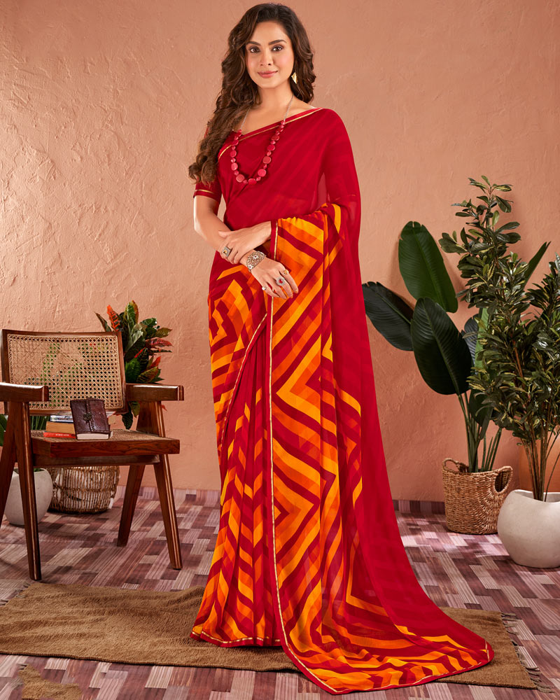 Vishal Prints Dark Red Printed Georgette Saree With Satin Piping
