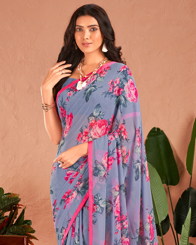 Vishal Prints Cool Grey Printed Georgette Saree With Satin Piping