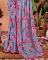 Vishal Prints Cool Grey Printed Georgette Saree With Satin Piping