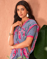 Vishal Prints Cool Grey Printed Georgette Saree With Satin Piping