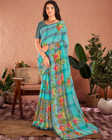 Vishal Prints Pastel Teal Green Printed Georgette Saree With Satin Piping