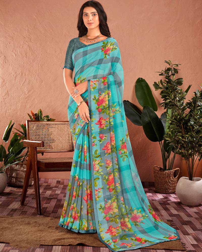 Vishal Prints Pastel Teal Green Printed Georgette Saree With Satin Piping