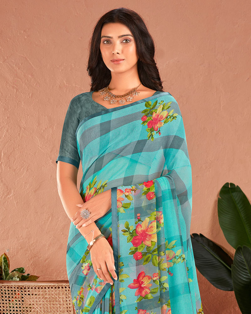 Vishal Prints Pastel Teal Green Printed Georgette Saree With Satin Piping