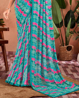 Vishal Prints Pastel Teal Green Printed Georgette Saree With Satin Piping