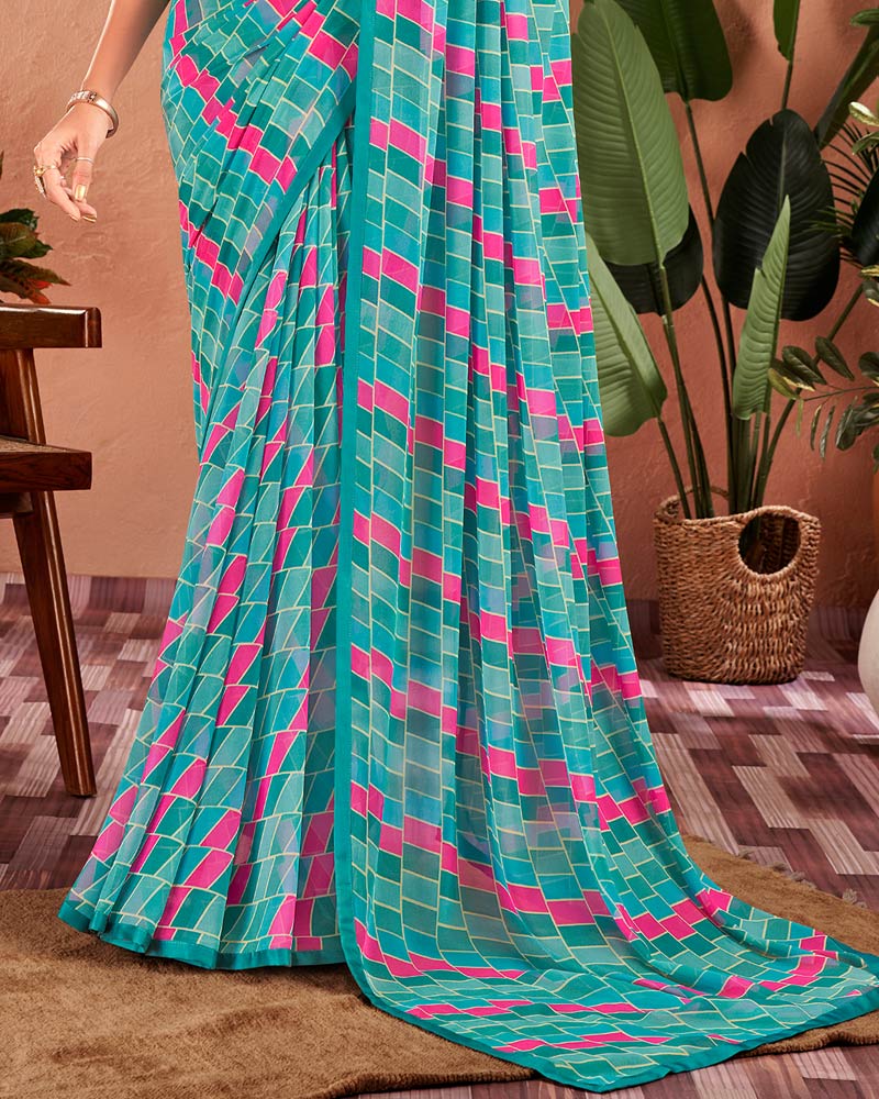 Vishal Prints Pastel Teal Green Printed Georgette Saree With Satin Piping