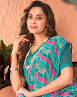 Vishal Prints Pastel Teal Green Printed Georgette Saree With Satin Piping