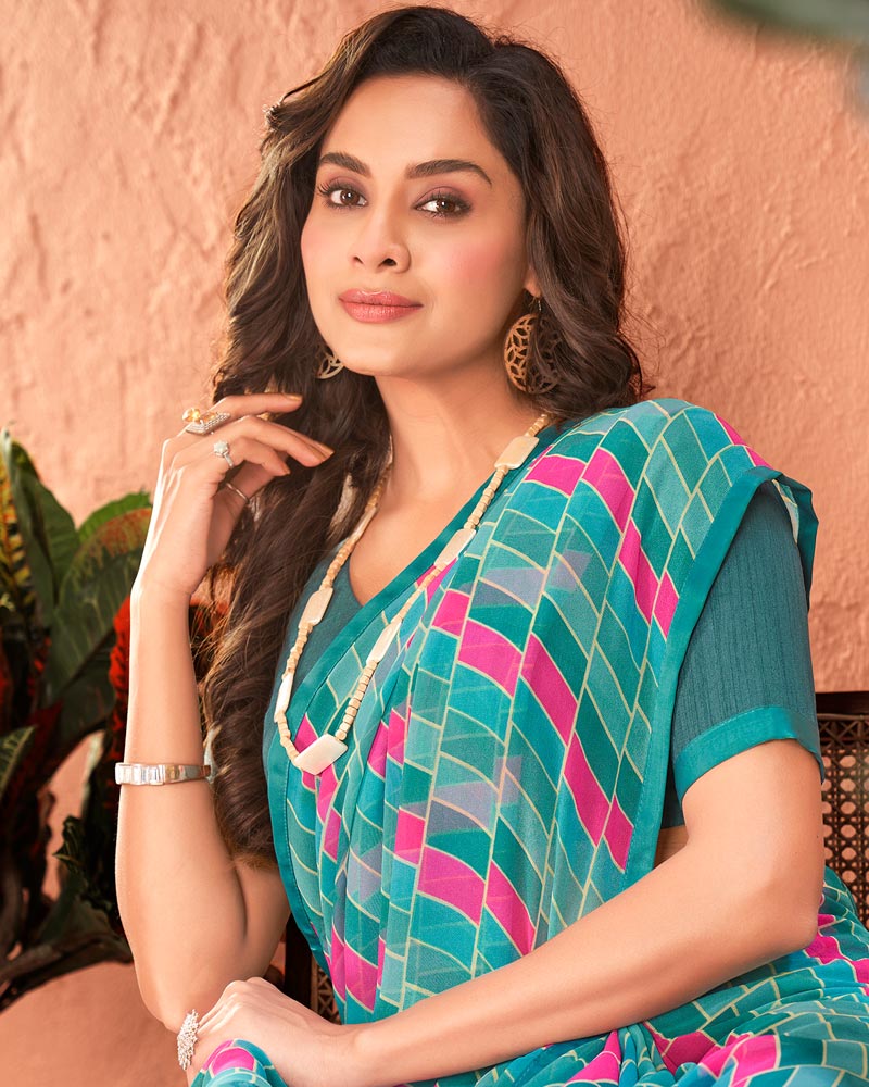 Vishal Prints Pastel Teal Green Printed Georgette Saree With Satin Piping