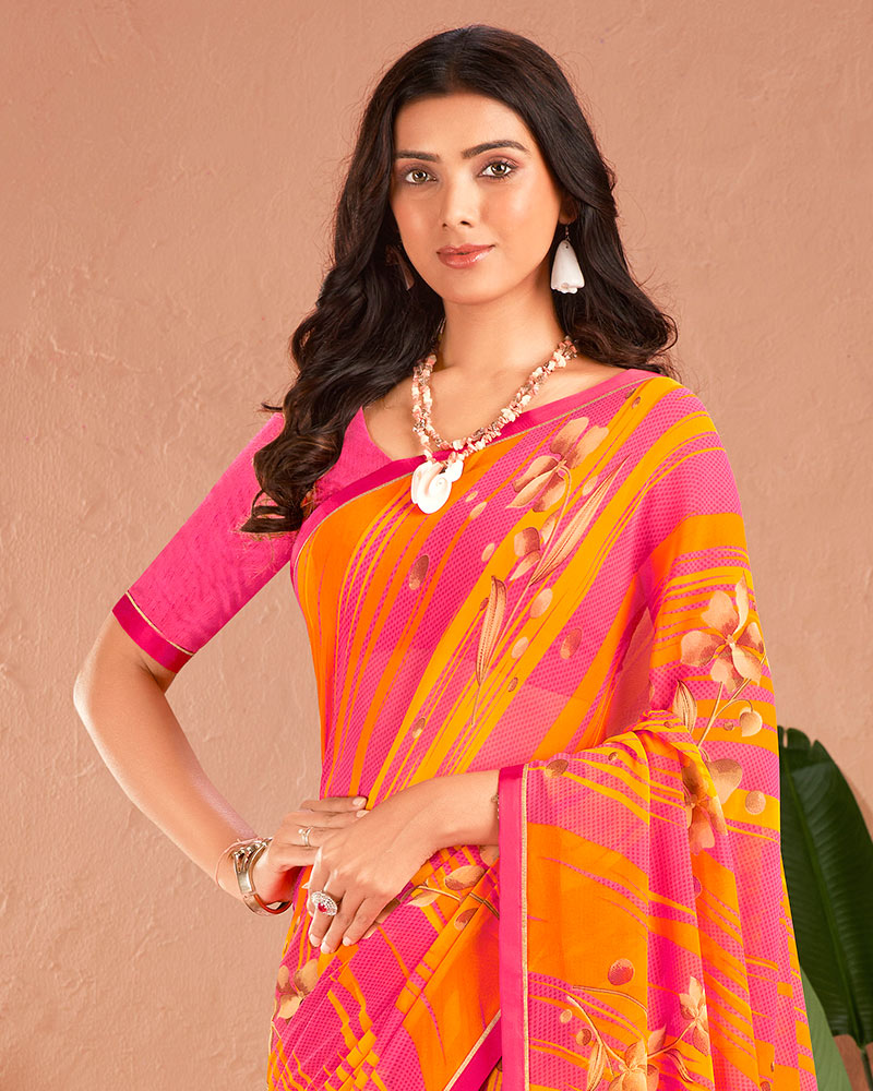 Vishal Prints Dark Pink Printed Georgette Saree With Satin Piping