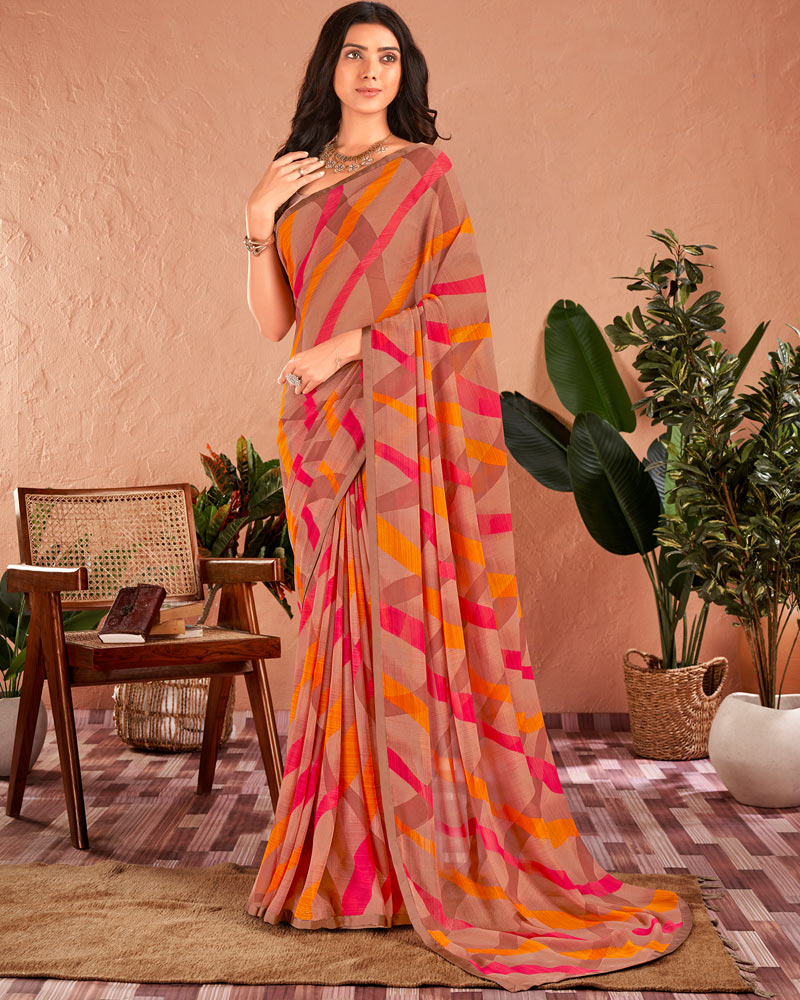 Vishal Prints Antique Brass Brown Printed Georgette Saree With Satin Piping