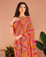 Vishal Prints Antique Brass Brown Printed Georgette Saree With Satin Piping