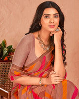 Vishal Prints Antique Brass Brown Printed Georgette Saree With Satin Piping