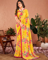 Vishal Prints Yellow Printed Georgette Saree With Satin Piping