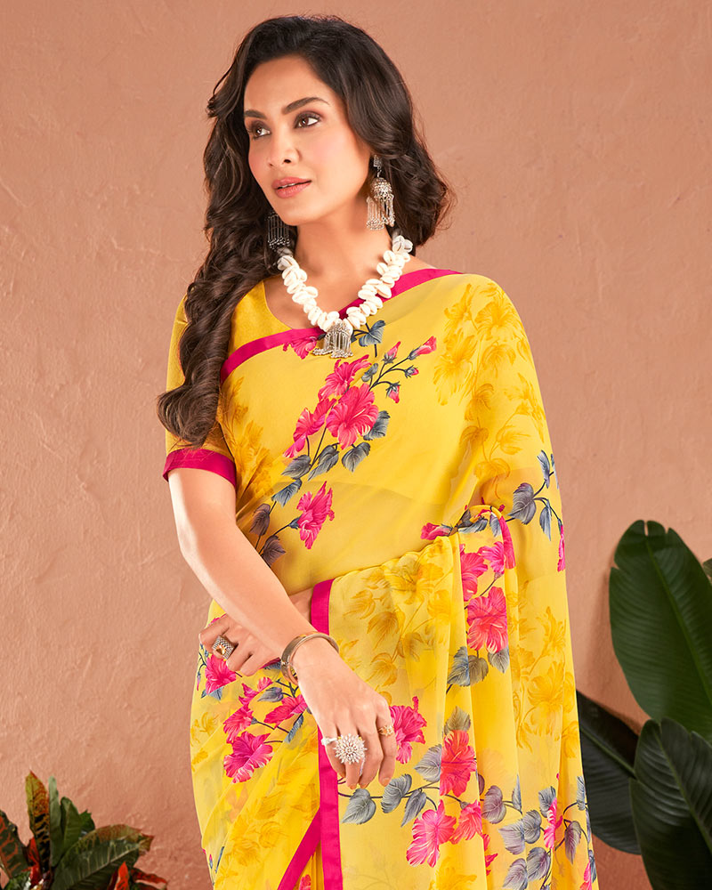 Vishal Prints Yellow Printed Georgette Saree With Satin Piping