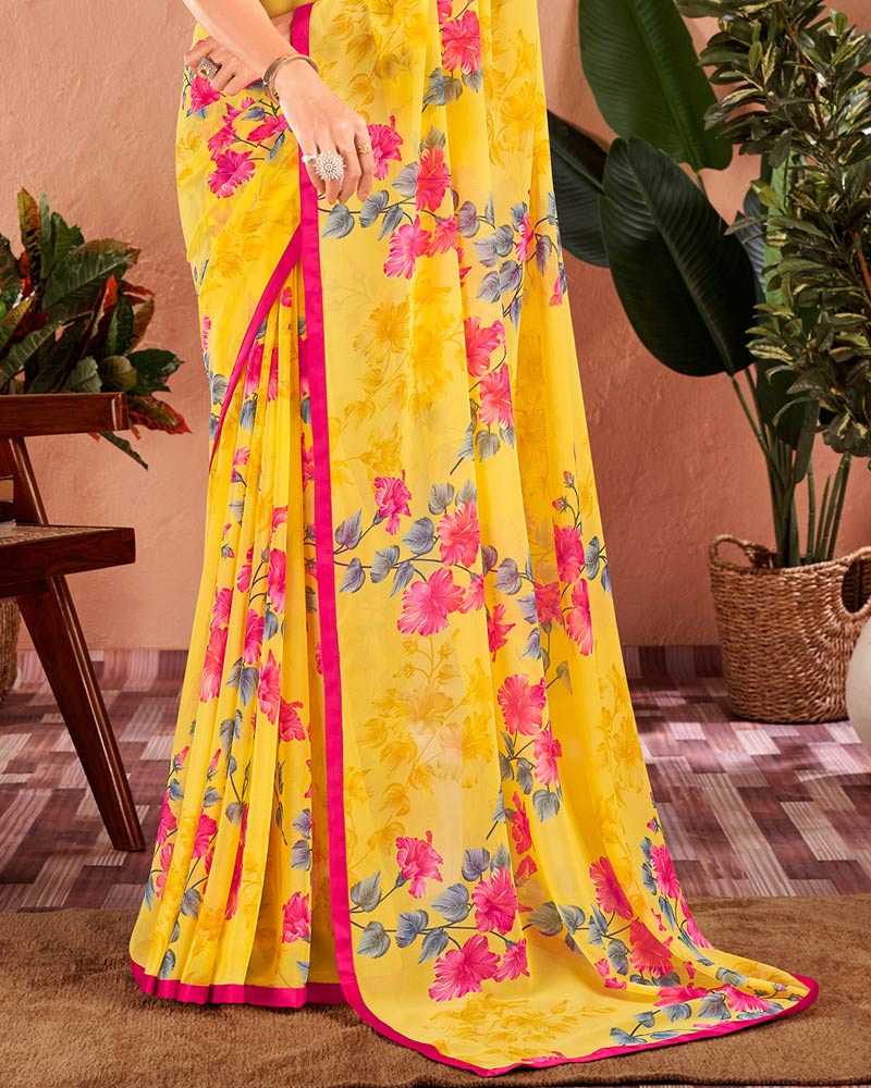 Vishal Prints Yellow Printed Georgette Saree With Satin Piping
