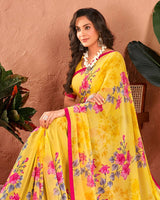 Vishal Prints Yellow Printed Georgette Saree With Satin Piping