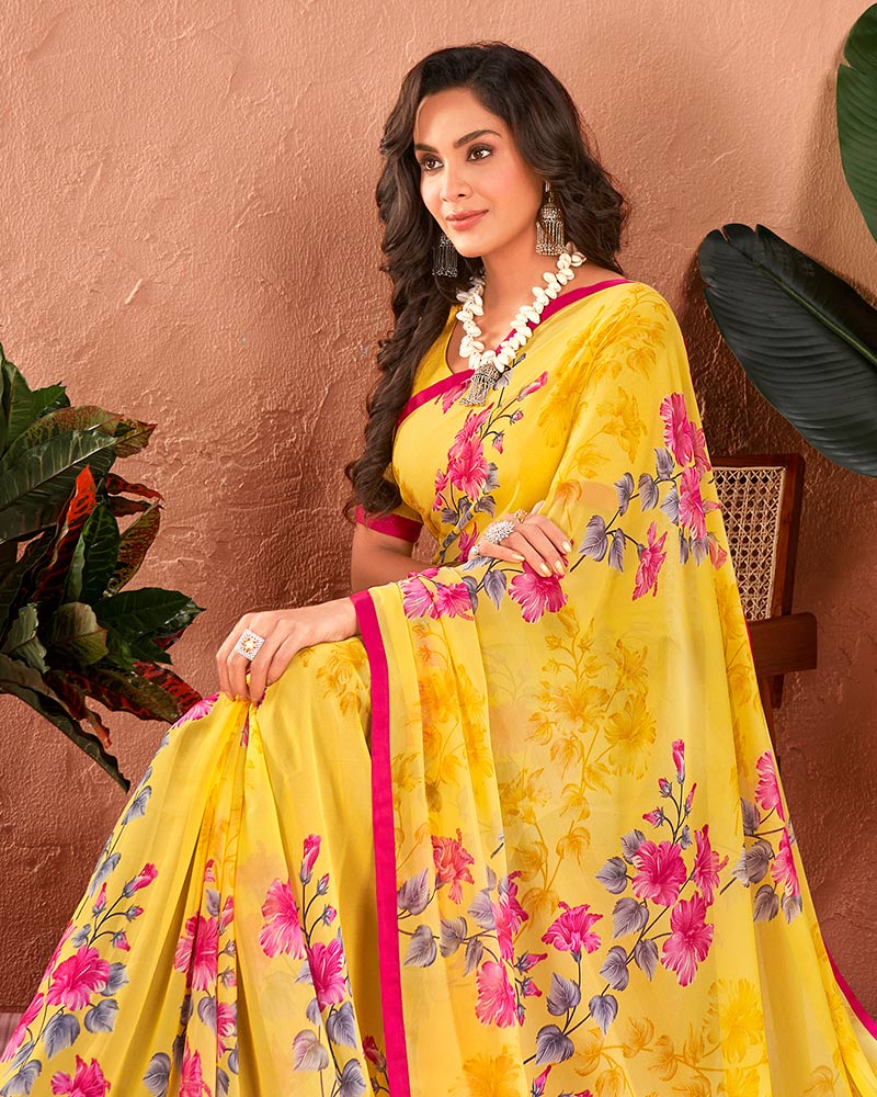 Vishal Prints Yellow Printed Georgette Saree With Satin Piping