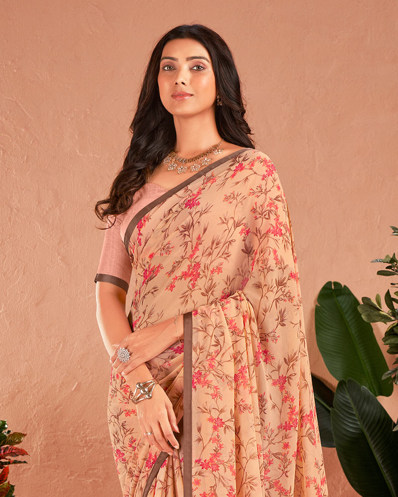 Vishal Prints Pastel Orange Printed Georgette Saree With Satin Piping