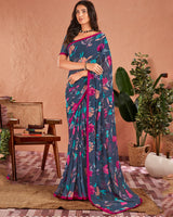 Vishal Prints Navy Blue Printed Georgette Saree With Satin Piping