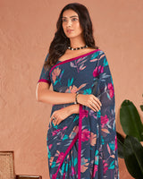 Vishal Prints Navy Blue Printed Georgette Saree With Satin Piping