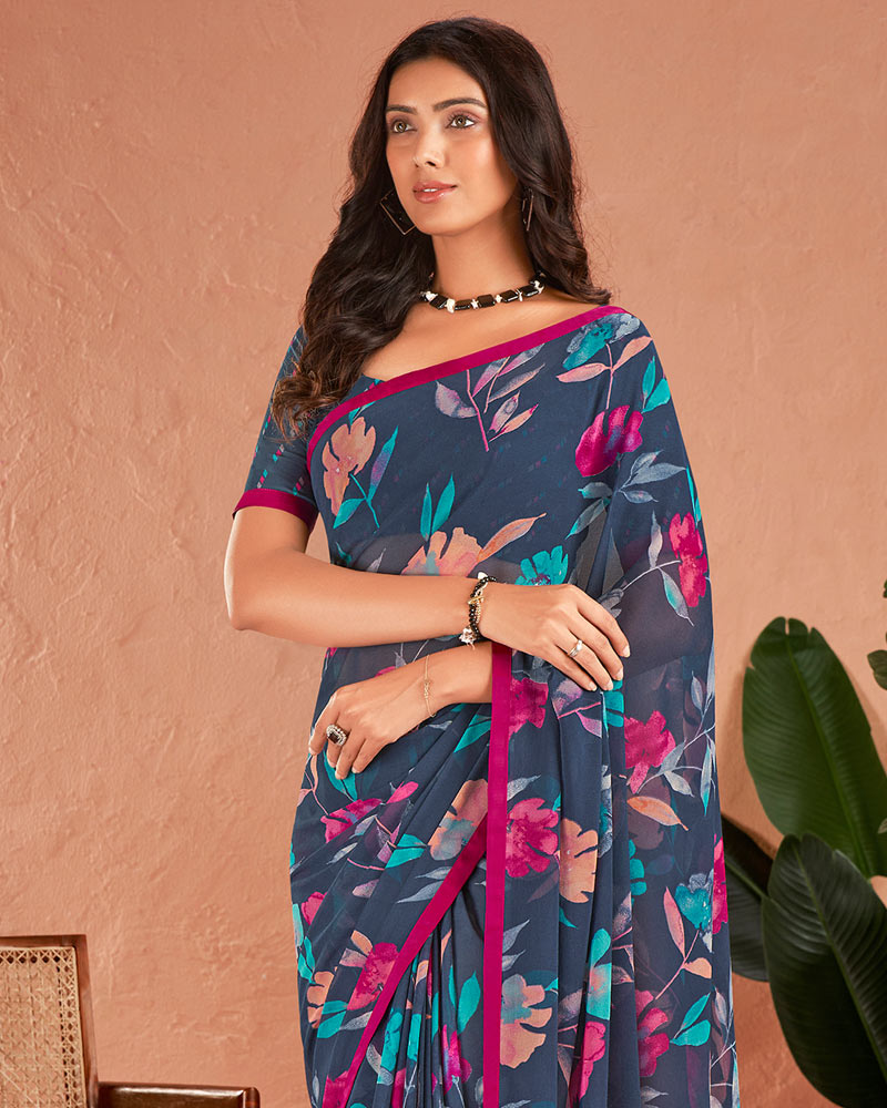 Vishal Prints Navy Blue Printed Georgette Saree With Satin Piping