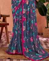 Vishal Prints Navy Blue Printed Georgette Saree With Satin Piping