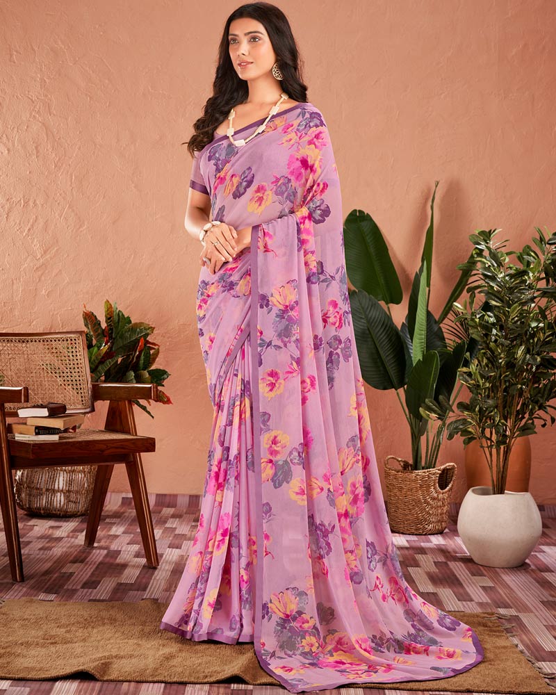 Vishal Prints Mauve Printed Georgette Saree With Satin Piping
