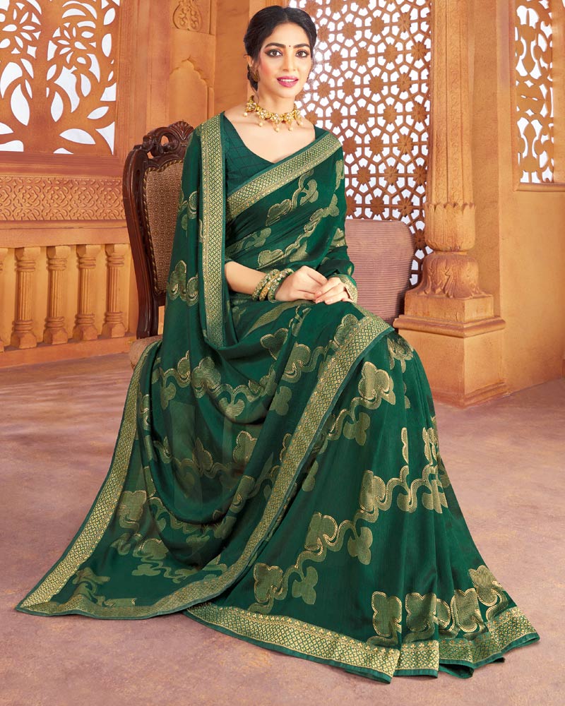 Vishal Prints Dark Green Art Silk Saree With Foil Print And Zari Border