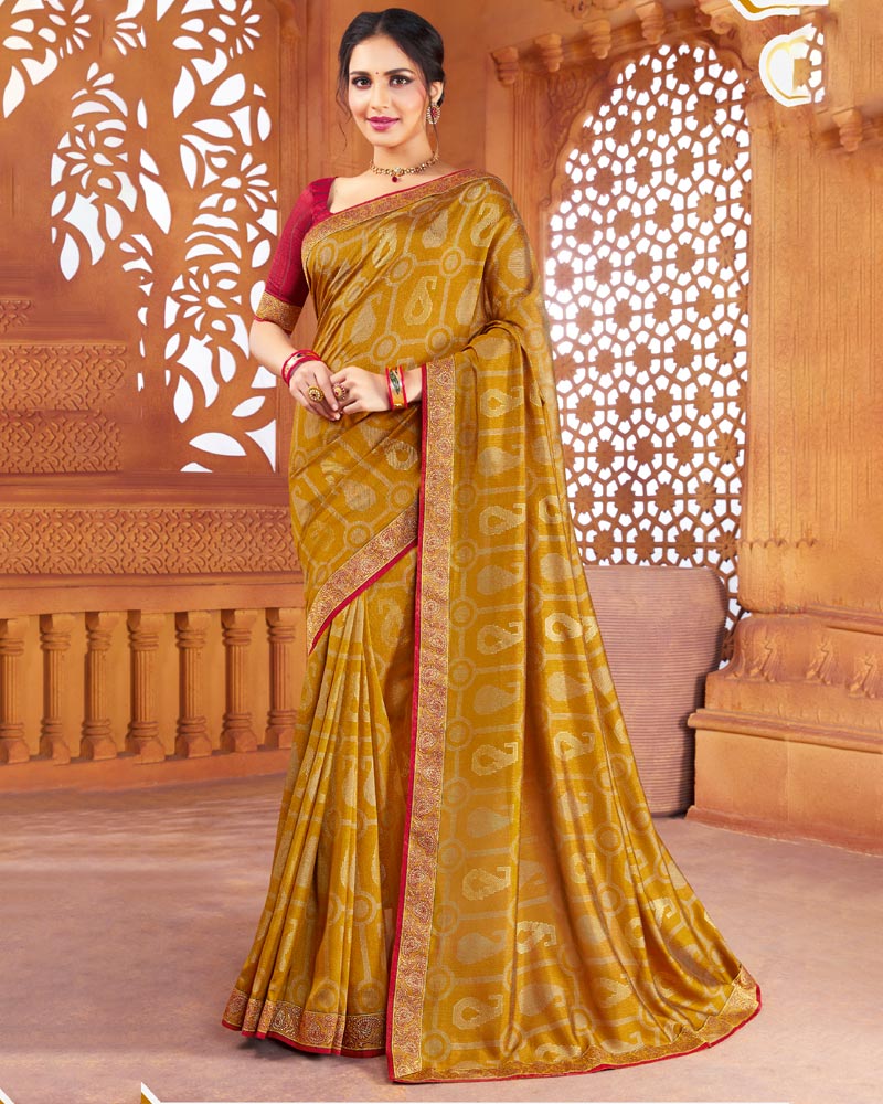 Vishal Prints Mustard Art Silk Saree With Foil Print And Zari Border