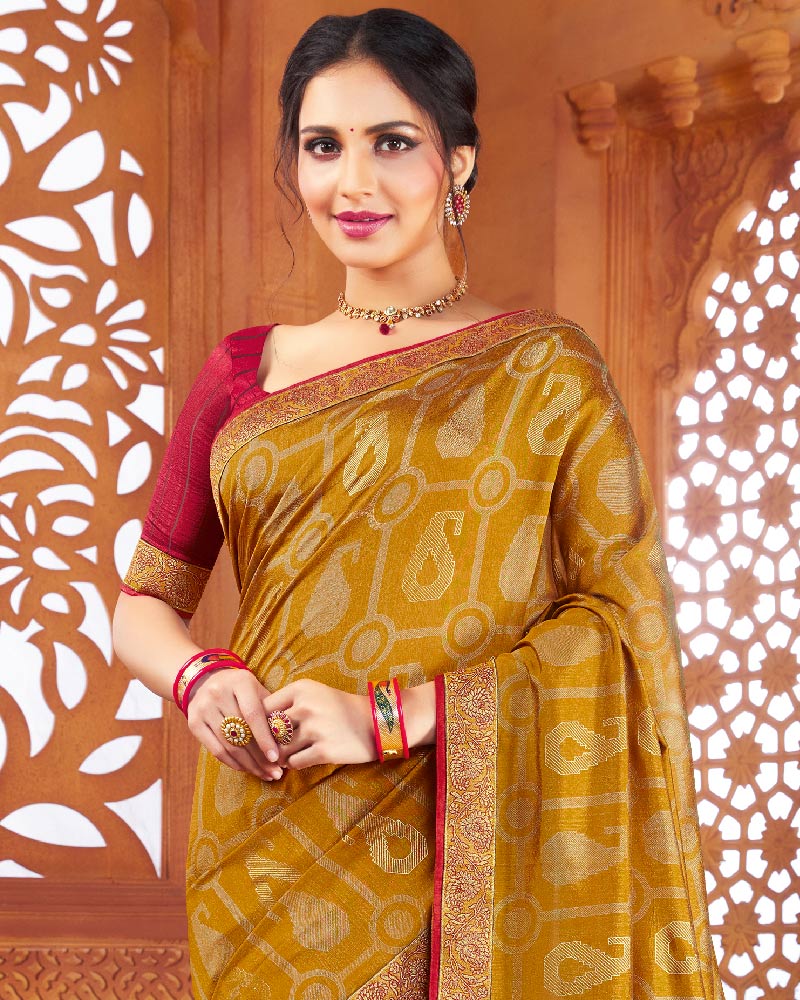 Vishal Prints Mustard Art Silk Saree With Foil Print And Zari Border